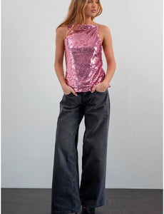 Damske Vest Top-Pink Sequin